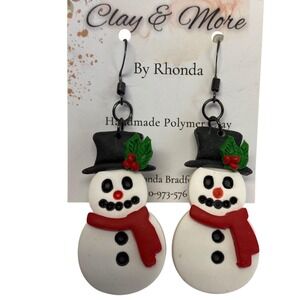 Handmade Polymer Clay Snowman Earrings Red Scarf Top Hat Holly Festive Dangle
